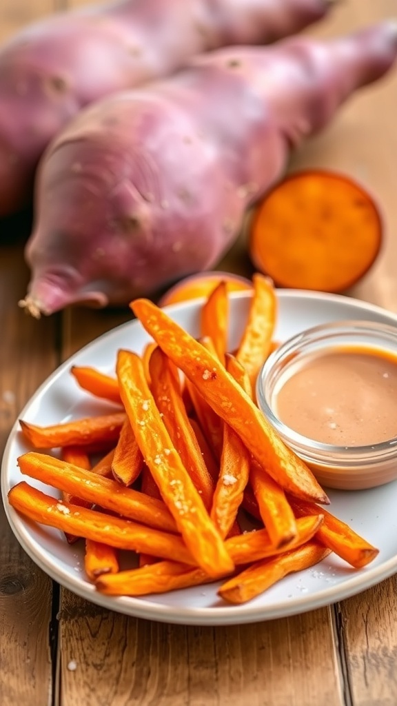 Crispy Japanese sweet potato fries on a plate with dipping sauce, garnished with salt, on a wooden table.